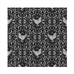 Black and White Hen Damask Posters and Art